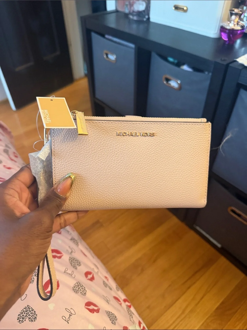 Michael Kors Pale Blush Pebbled Leather Wristlet with Gold Logo